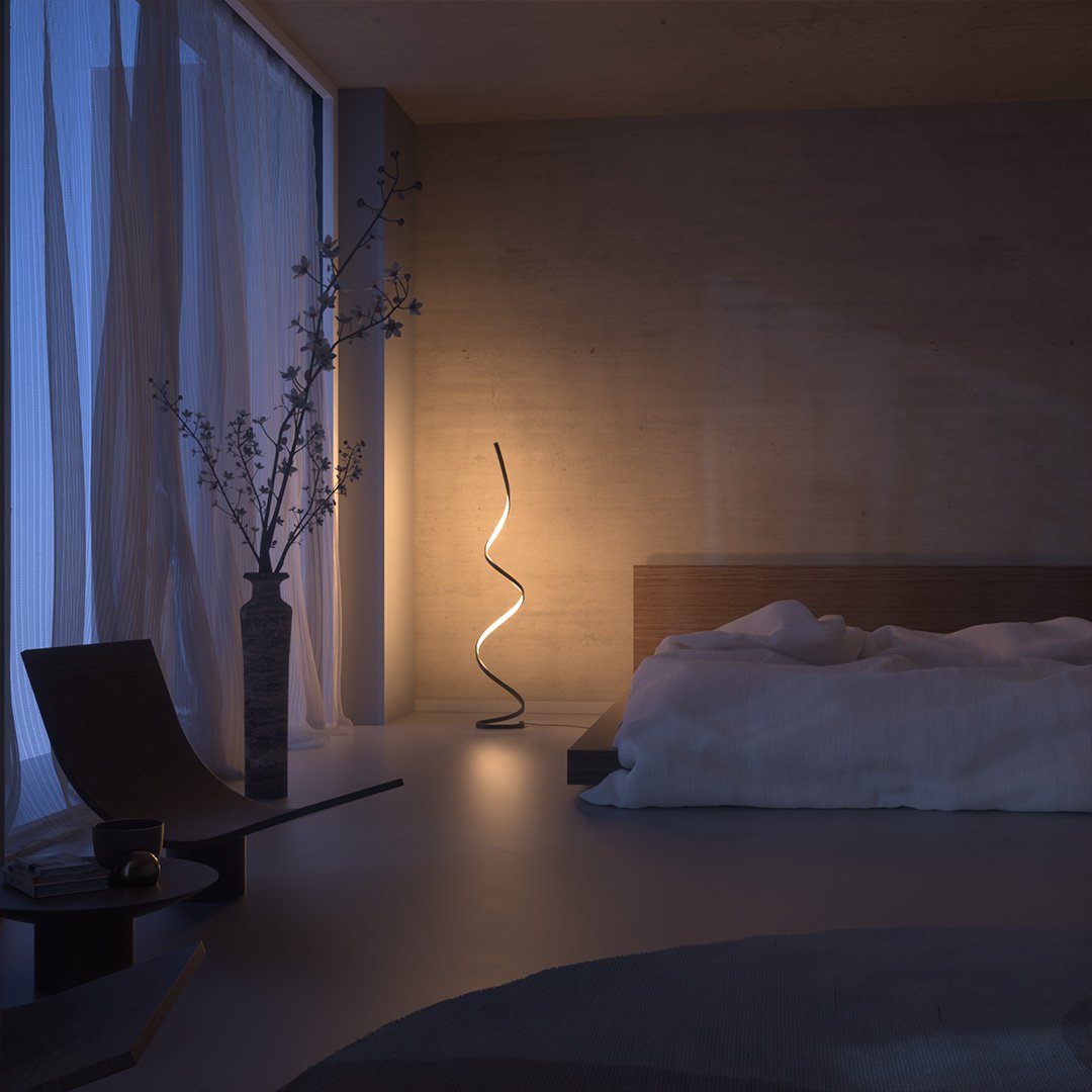 Lámpara de pie LED en espiral Rizela en un dormitorio sereno – imagen 9