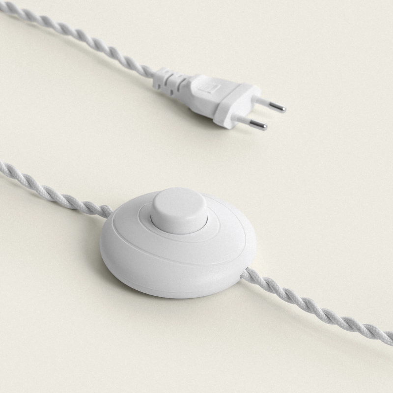 Lámpara de pie de madera Telmira con pantalla colgante blanca – cable trenzado con interruptor de pie