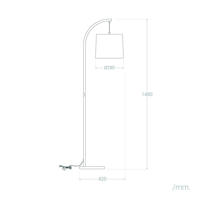 Lámpara de pie de madera Telmira con pantalla colgante blanca – dibujo con medidas