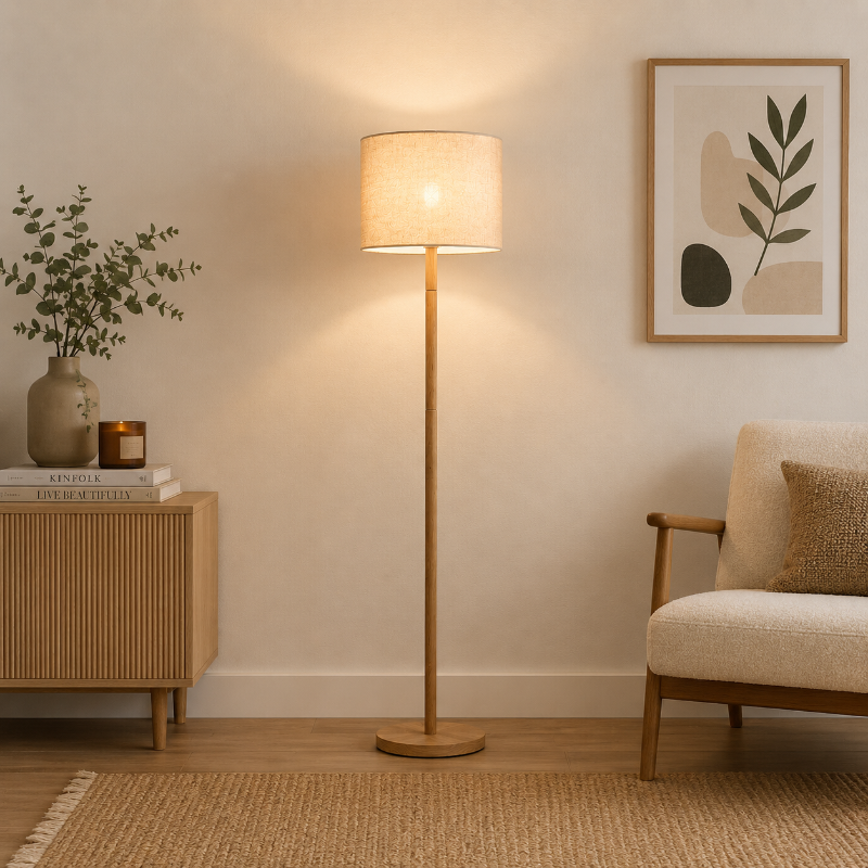 Lámpara de pie de madera Belcira – encendida junto a un sillón