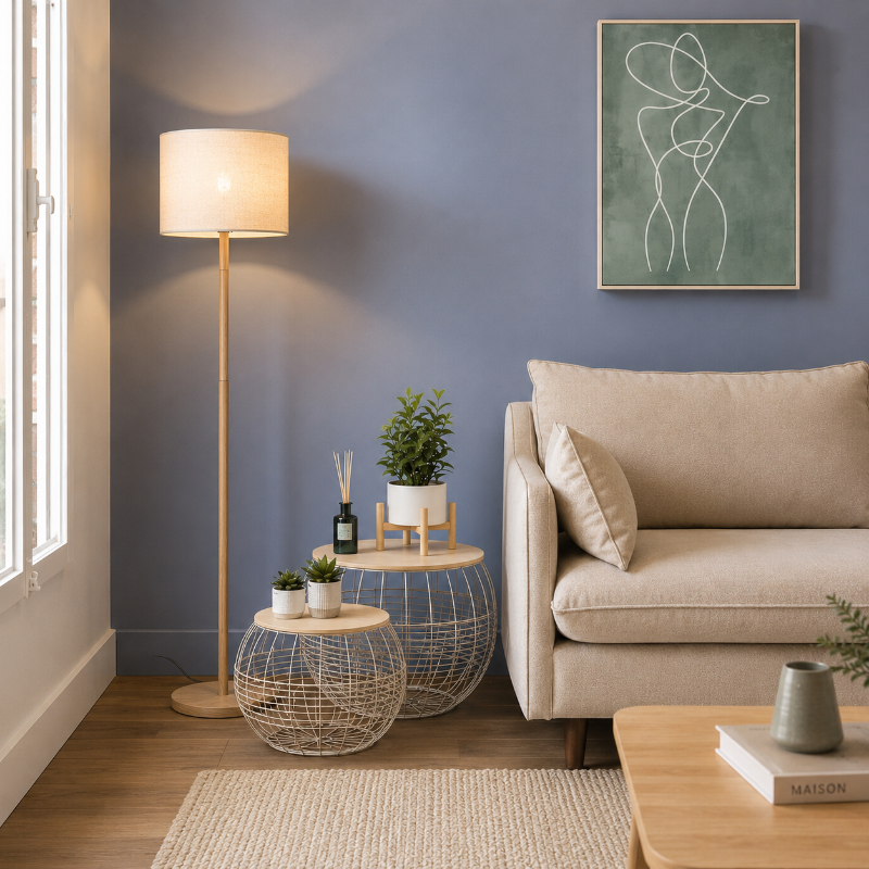 Lámpara de pie de madera Belcira – junto a un sofá ante una pared azul