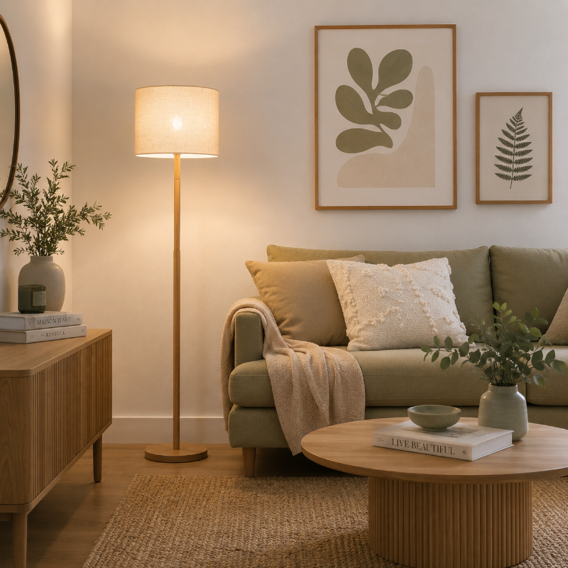Lámpara de pie de madera Belcira – junto a un sofá verde y una mesa de centro