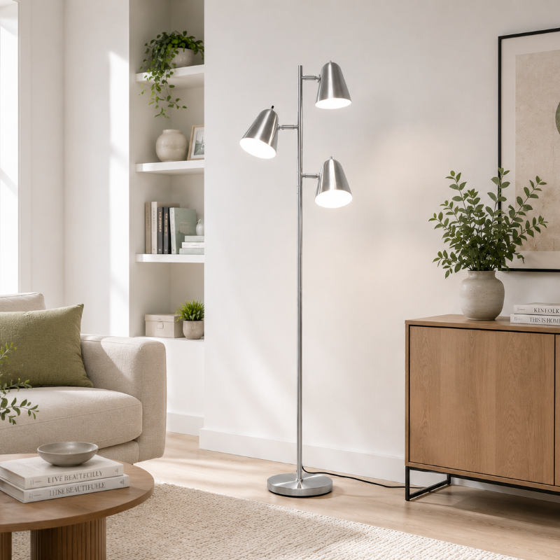 Lámpara de pie Nerisa con 3 focos orientables – en un salón con estantería