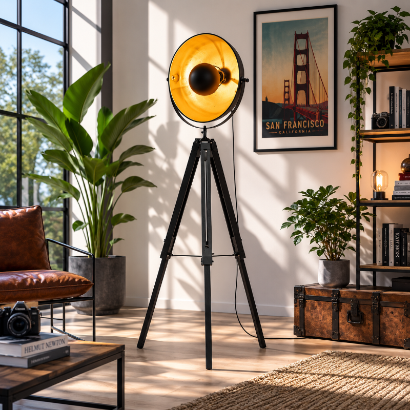 Lámpara de pie trípode Trepiela en un salón de estilo industrial – imagen 3