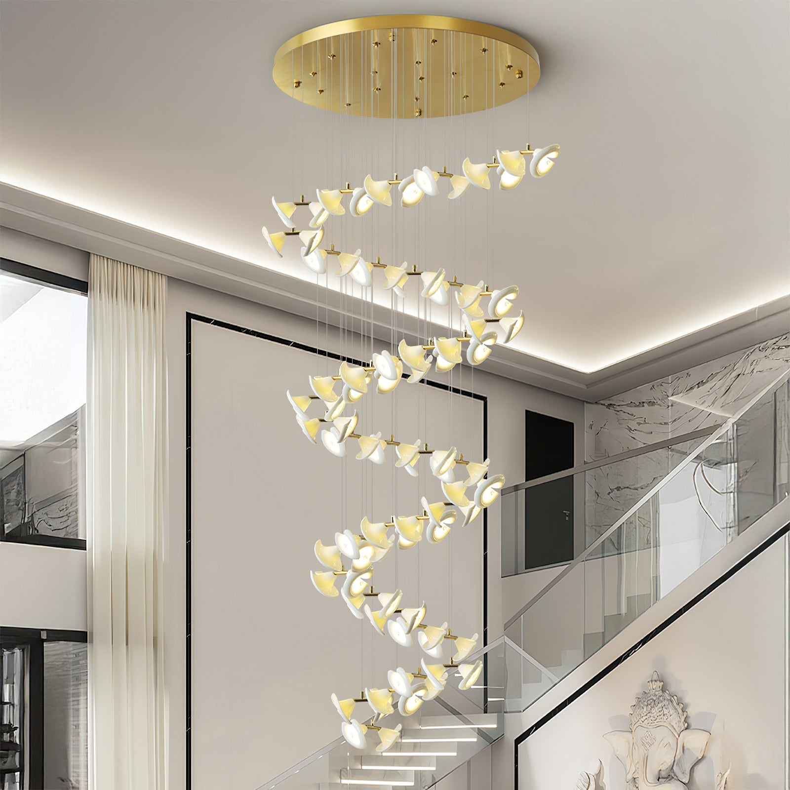 Lámpara Colgante Moderna de Diseño Floral en Oro y Cerámica Blanca, Personalizable de 14 a 128 Luces, Ideal para Interior 2