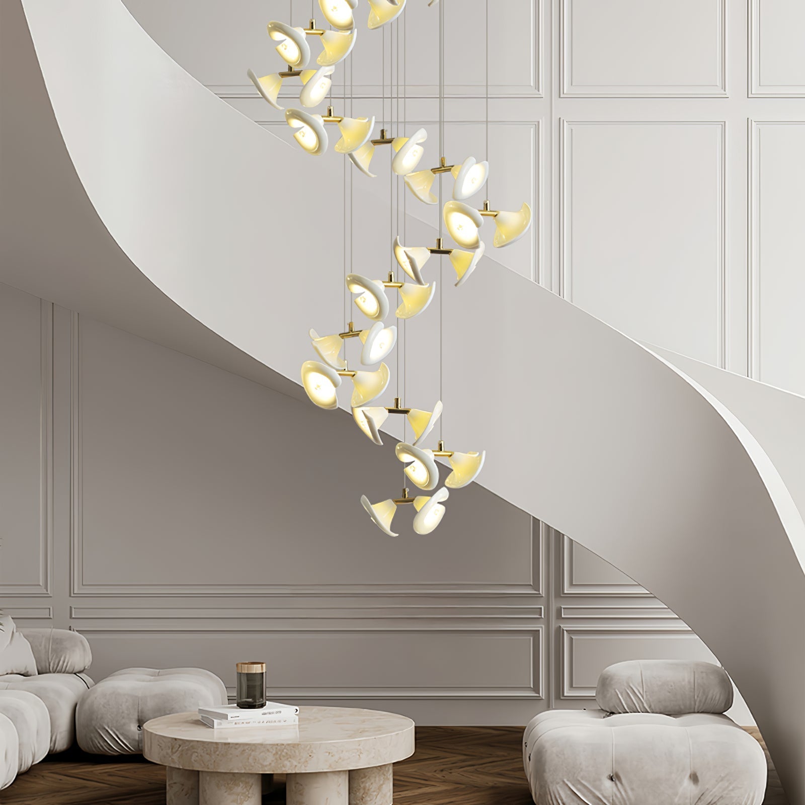 Lámpara Colgante Moderna de Diseño Floral en Oro y Cerámica Blanca, Personalizable de 14 a 128 Luces, Ideal para Interior 7