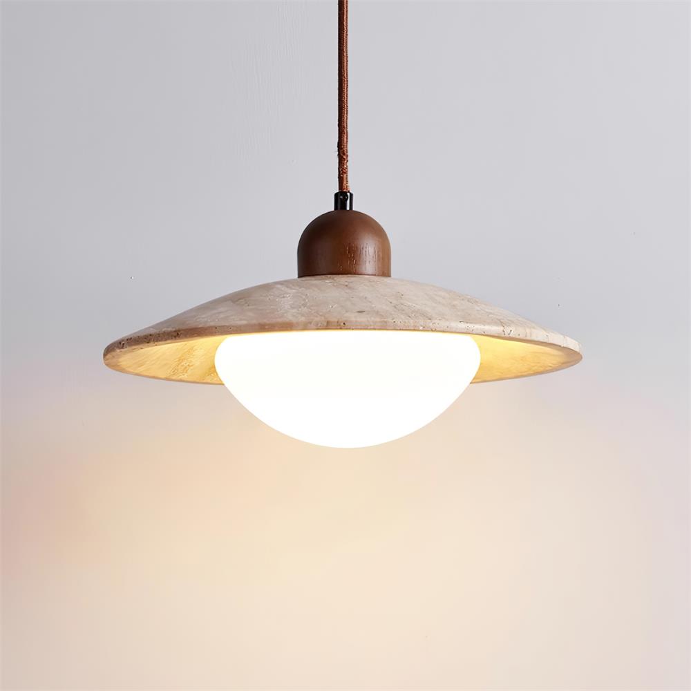 Lámpara Colgante de Travertino y Vidrio, Diseño Moderno y Rústico, Ideal para Techo – Beige y Blanco, 25 cm Diámetro 4
