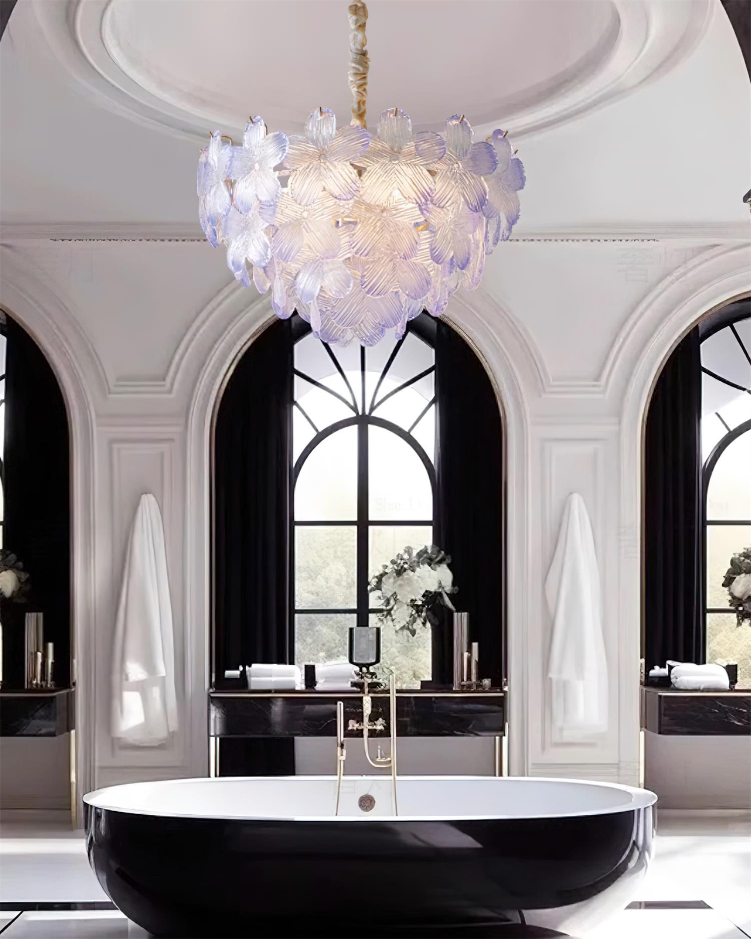 Lámpara de Araña Floral de Vidrio Rosa y Púrpura, Diámetro 50 cm, Altura Ajustable, Diseño Moderno para Iluminación Interior 6