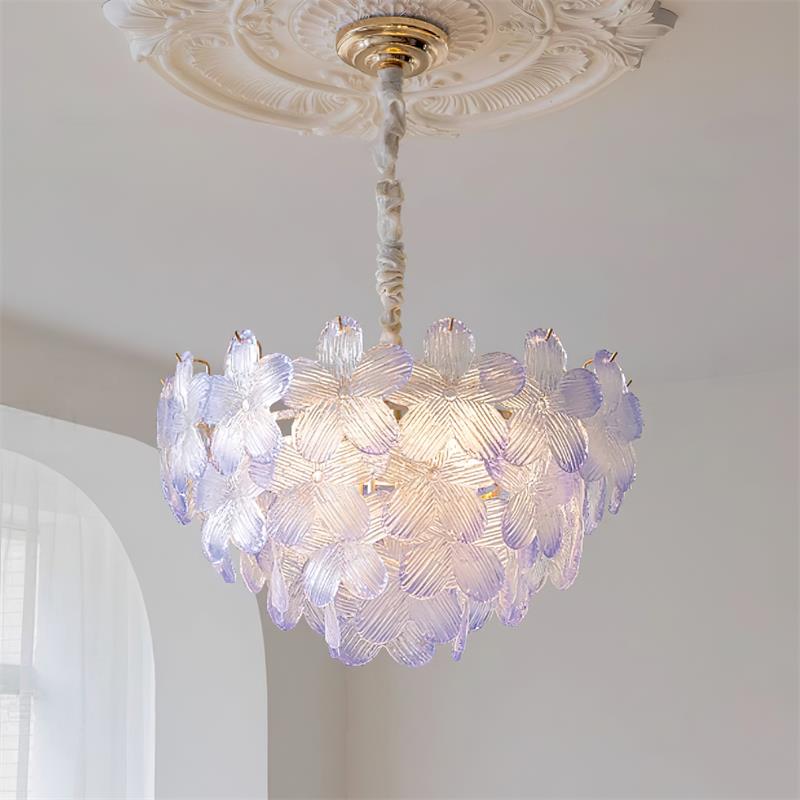 Lámpara de Araña Floral de Vidrio Rosa y Púrpura, Diámetro 50 cm, Altura Ajustable, Diseño Moderno para Iluminación Interior 9