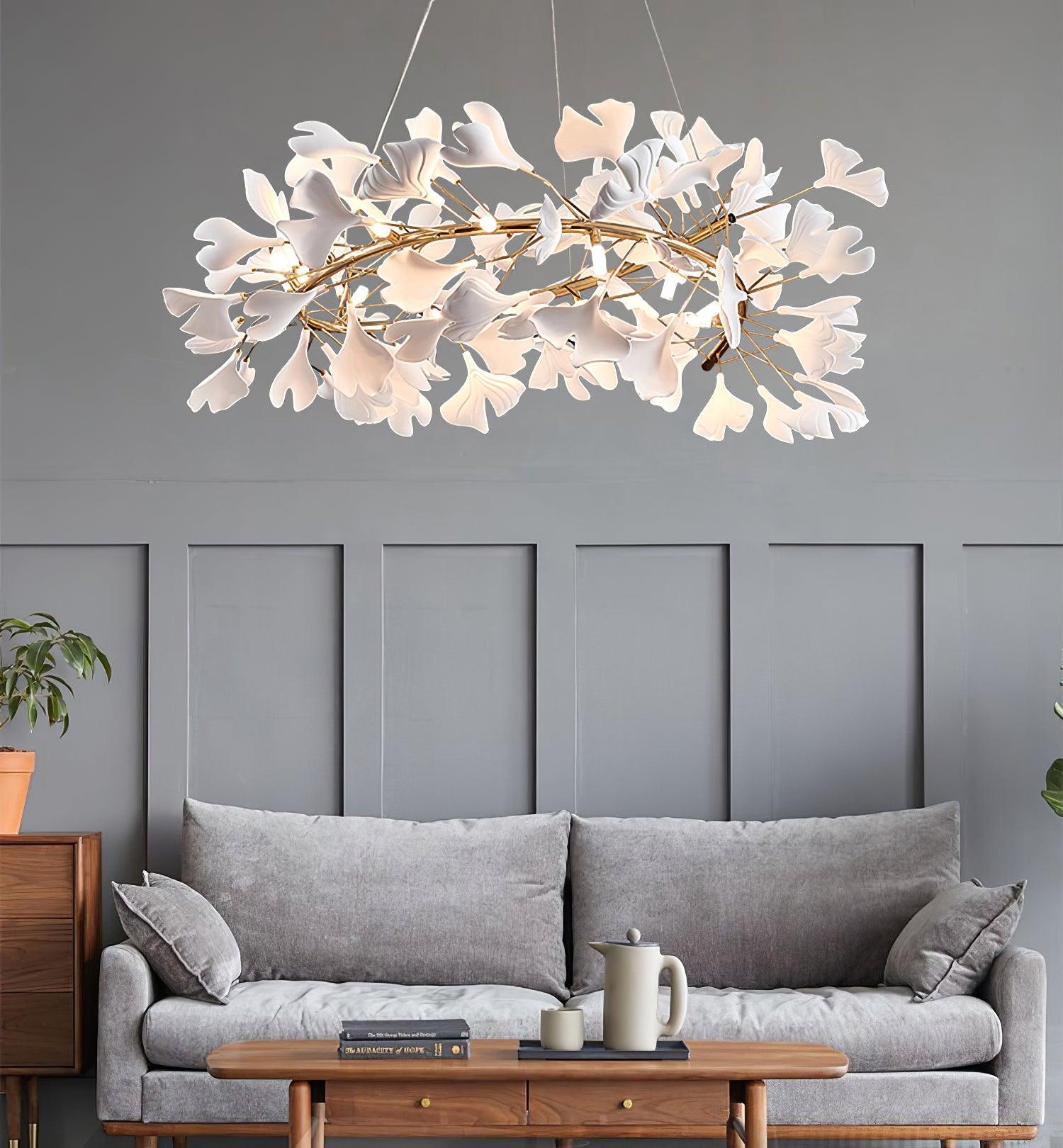 Lámpara de Araña Ginkgo Biloba de Porcelana, Personalizable, Acabados Dorados y Blancos, Tamaños de 60cm a 150cm 3