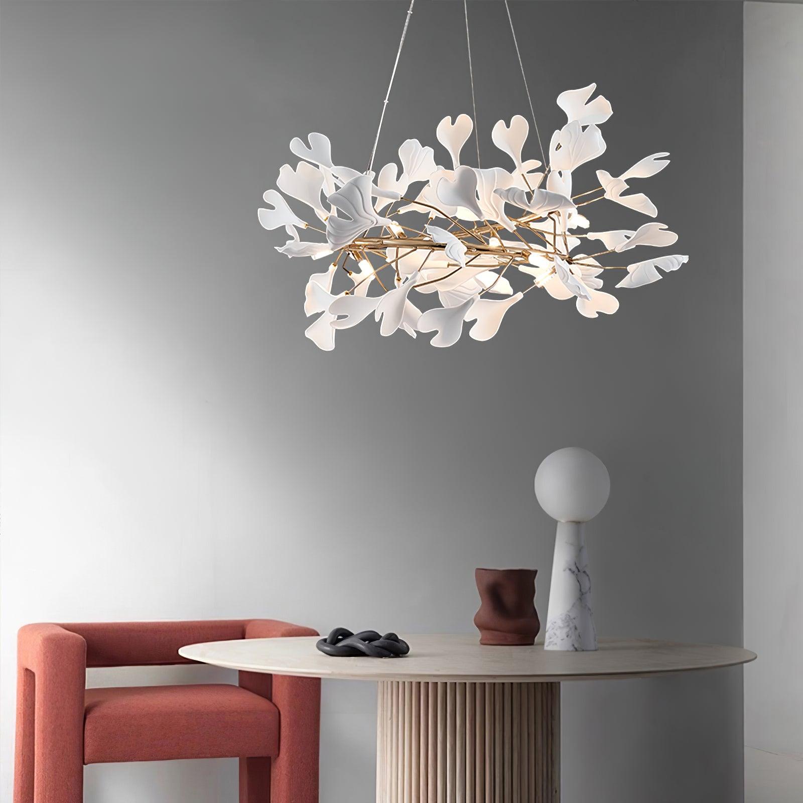 Lámpara de Araña Ginkgo Biloba de Porcelana, Personalizable, Acabados Dorados y Blancos, Tamaños de 60cm a 150cm 4