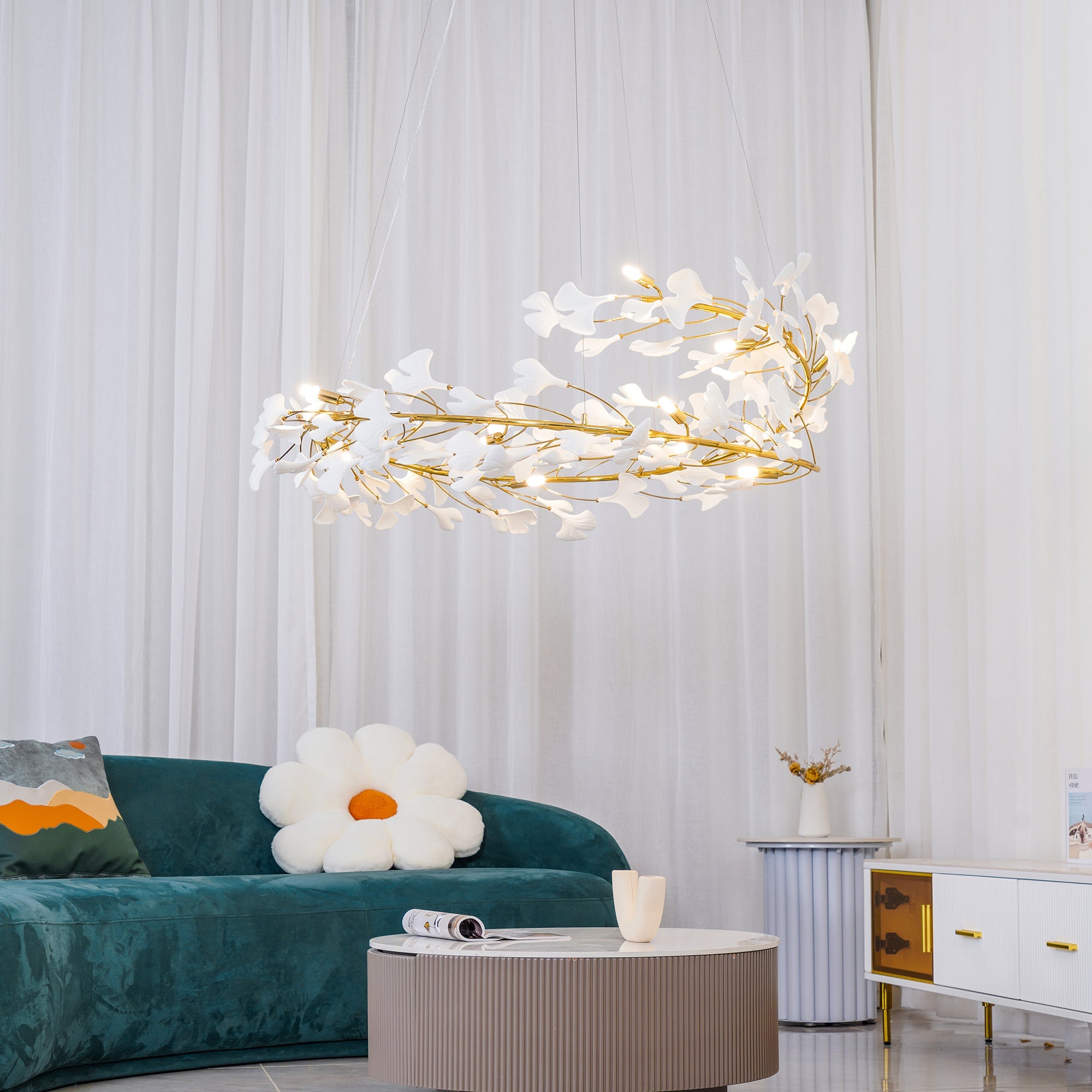 Lámpara de Araña Ginkgo Biloba de Porcelana, Personalizable, Acabados Dorados y Blancos, Tamaños de 60cm a 150cm 7