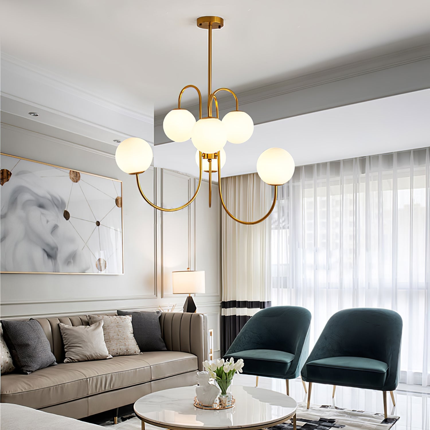 Lámpara de Araña Gooseneck de Hierro Forjado y Vidrio – Diseño Elegante para Interiores Modernos 4