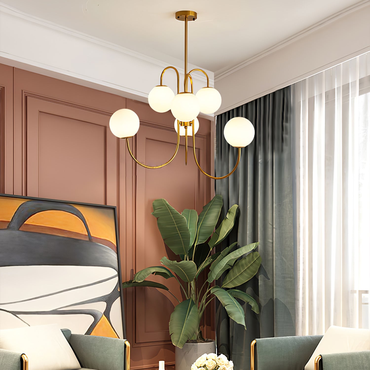 Lámpara de Araña Gooseneck de Hierro Forjado y Vidrio – Diseño Elegante para Interiores Modernos 7