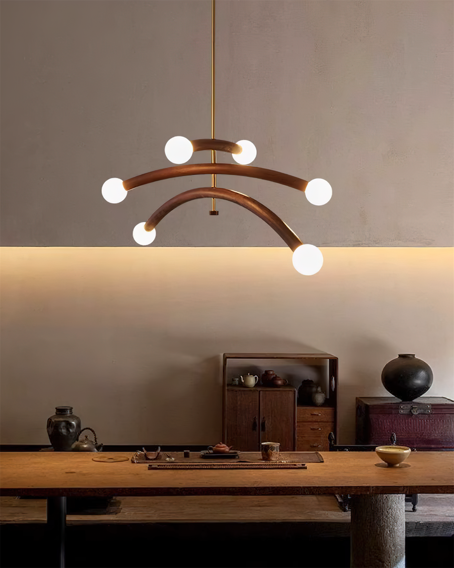 Lámpara de Araña Moderna de Madera y Vidrio, Acabado en Cobre, 6 Luces, Diseño Elegante para Interiores 2