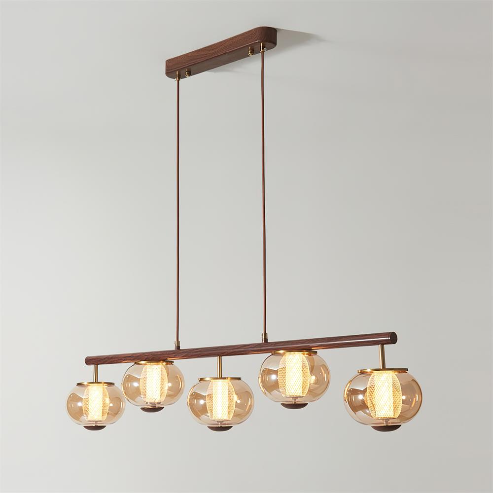 Lámpara de Araña Moderna de Vidrio Ámbar y Madera, Diseño Elegante para Comedores y Cocinas, 110 cm, Luz Cálida LED 0