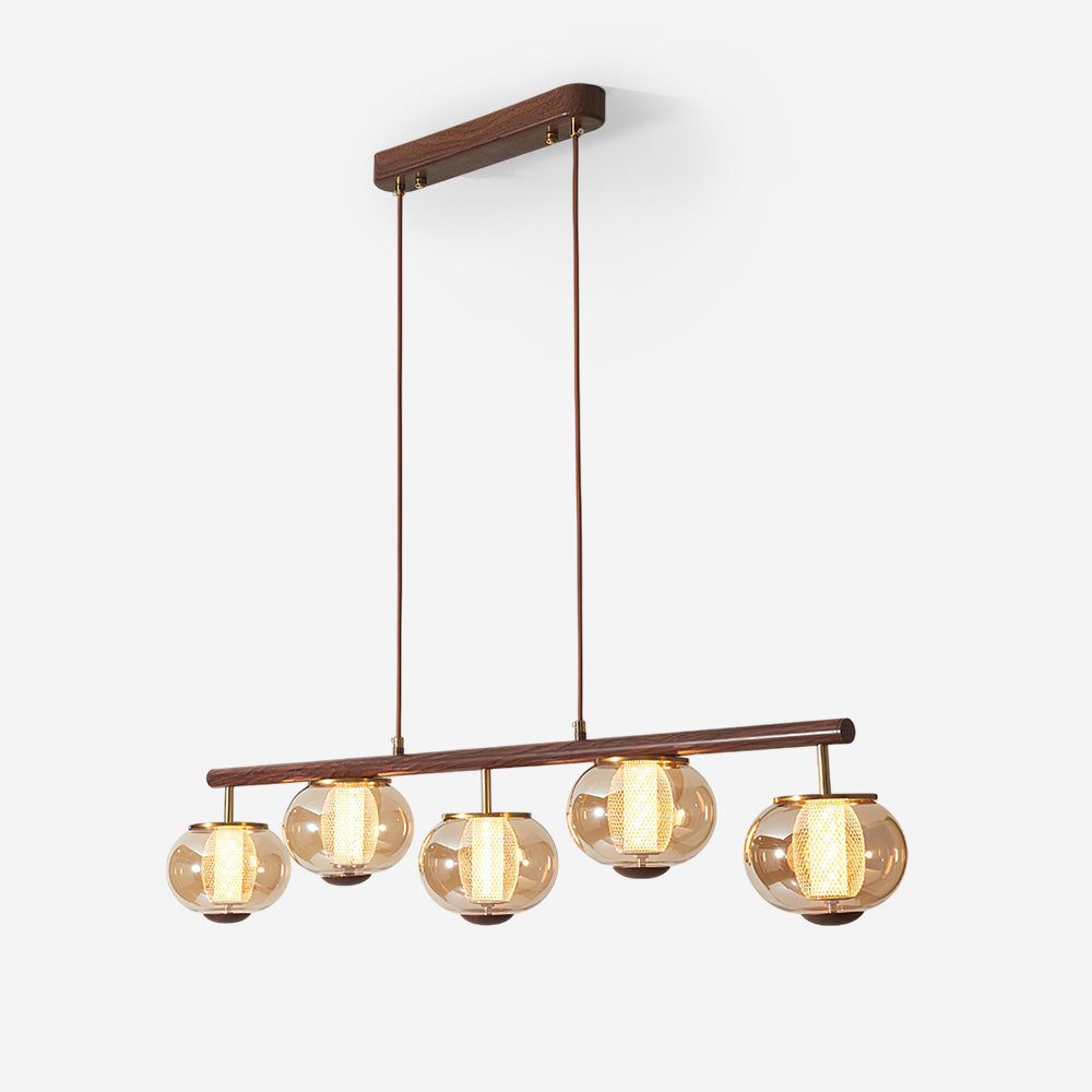 Lámpara de Araña Moderna de Vidrio Ámbar y Madera, Diseño Elegante para Comedores y Cocinas, 110 cm, Luz Cálida LED 1