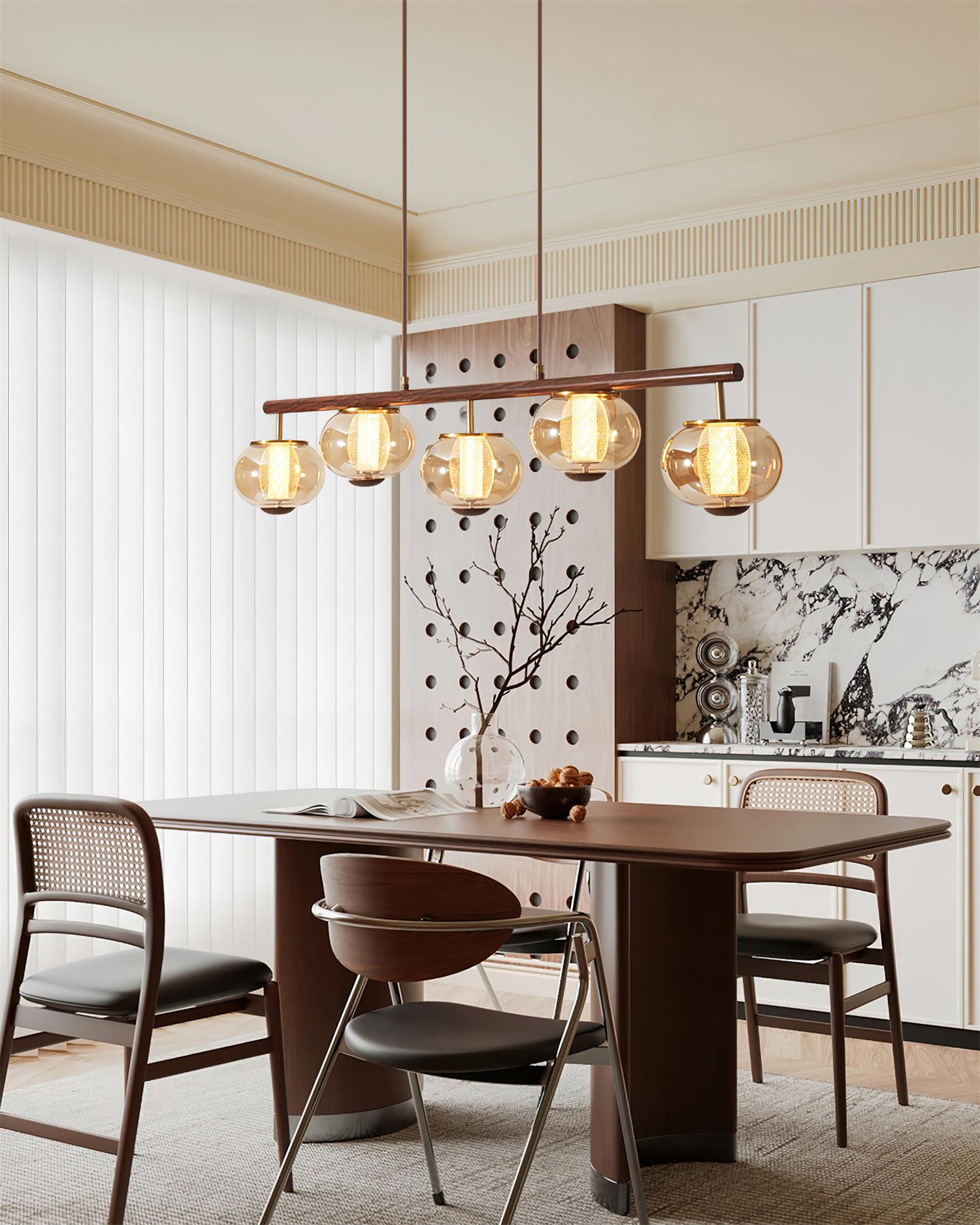 Lámpara de Araña Moderna de Vidrio Ámbar y Madera, Diseño Elegante para Comedores y Cocinas, 110 cm, Luz Cálida LED 2