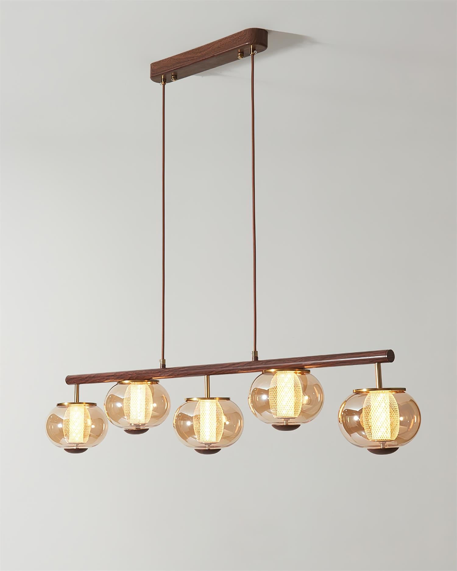 Lámpara de Araña Moderna de Vidrio Ámbar y Madera, Diseño Elegante para Comedores y Cocinas, 110 cm, Luz Cálida LED 7