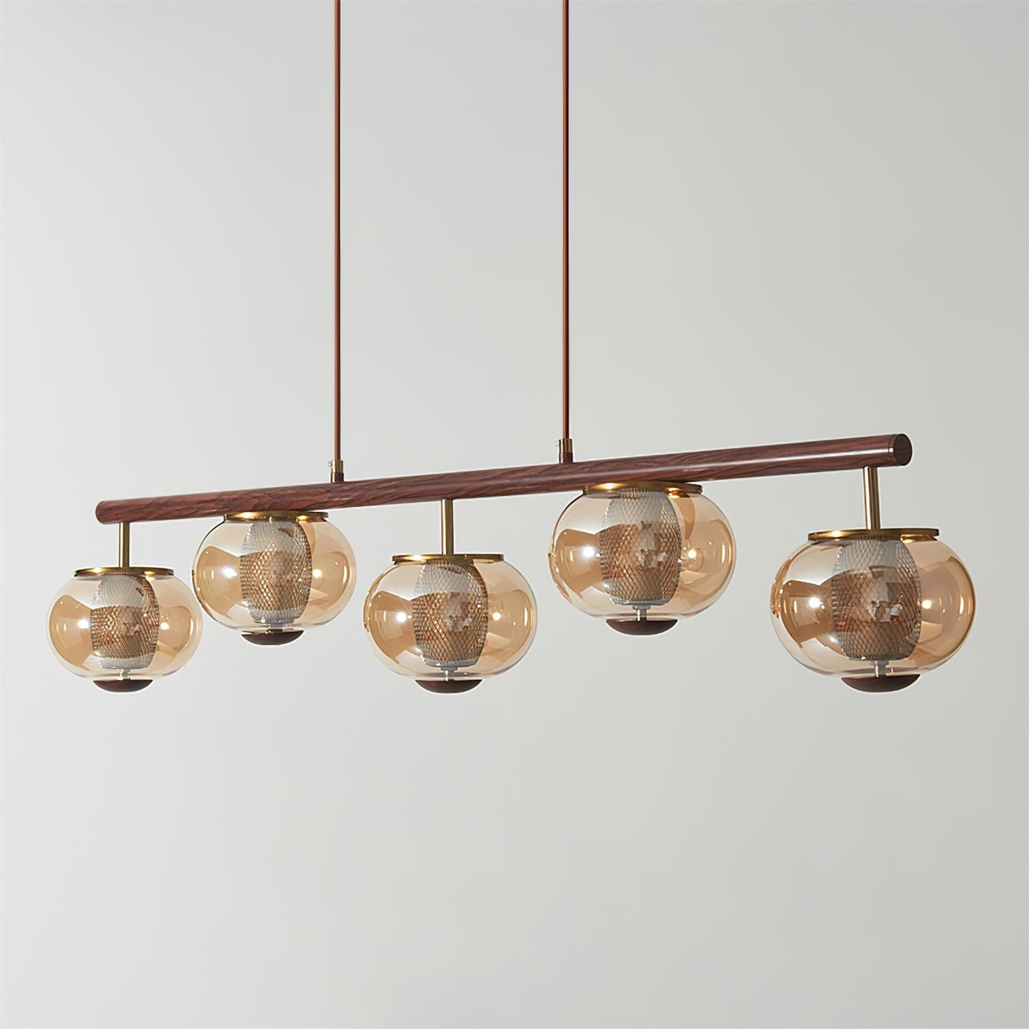 Lámpara de Araña Moderna de Vidrio Ámbar y Madera, Diseño Elegante para Comedores y Cocinas, 110 cm, Luz Cálida LED 8