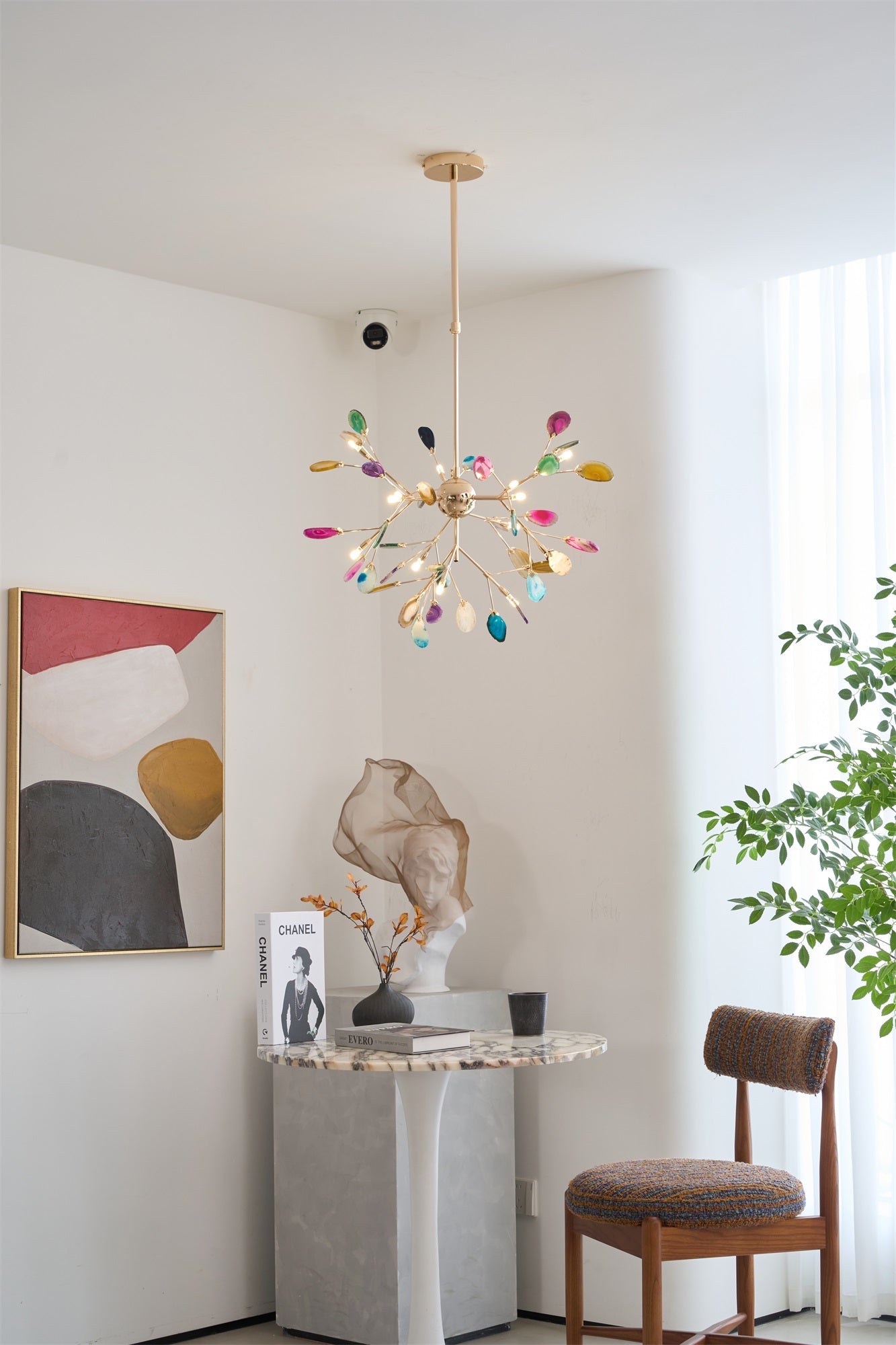 Lámpara de Araña de Ágata Multicolor con Brazo Dorado y Altura Ajustable – Diseño Elegante para Hogar y Oficina 8