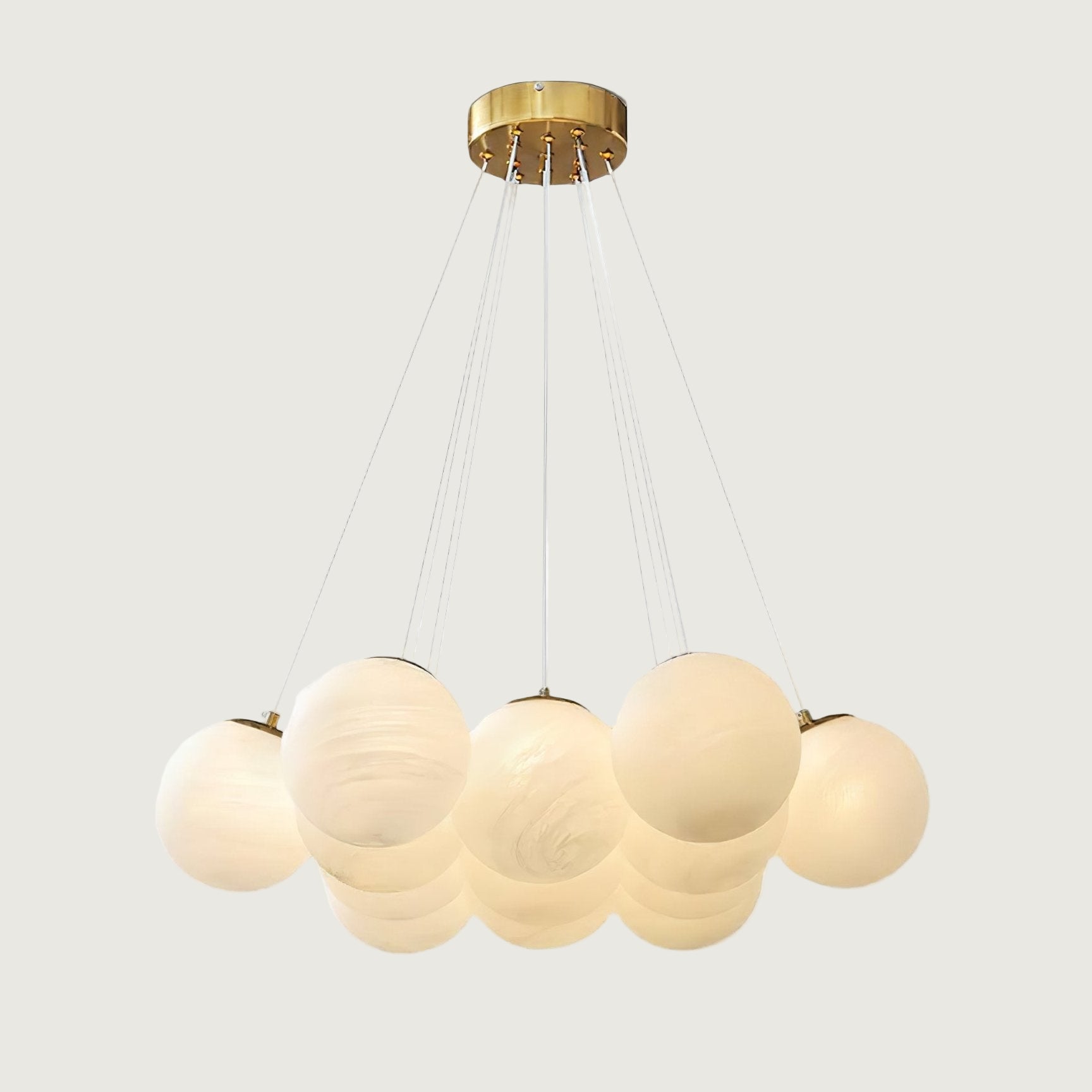 Lámpara de Araña de Cristal con Soporte de Metal Dorado y Pantallas de Vidrio Opalino 1