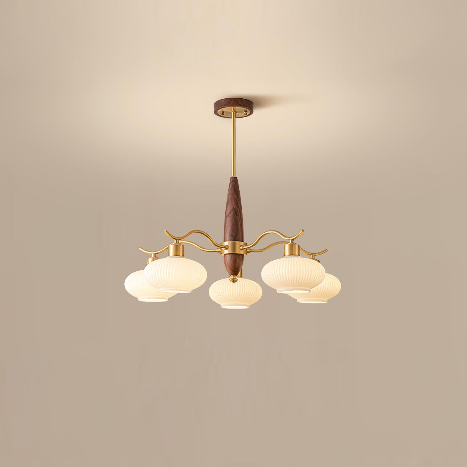 Lámpara de Araña de Cristal y Madera con 5 y 8 Luces, Diseño Clásico en Latón y Vidrio Blanco para Interior 0