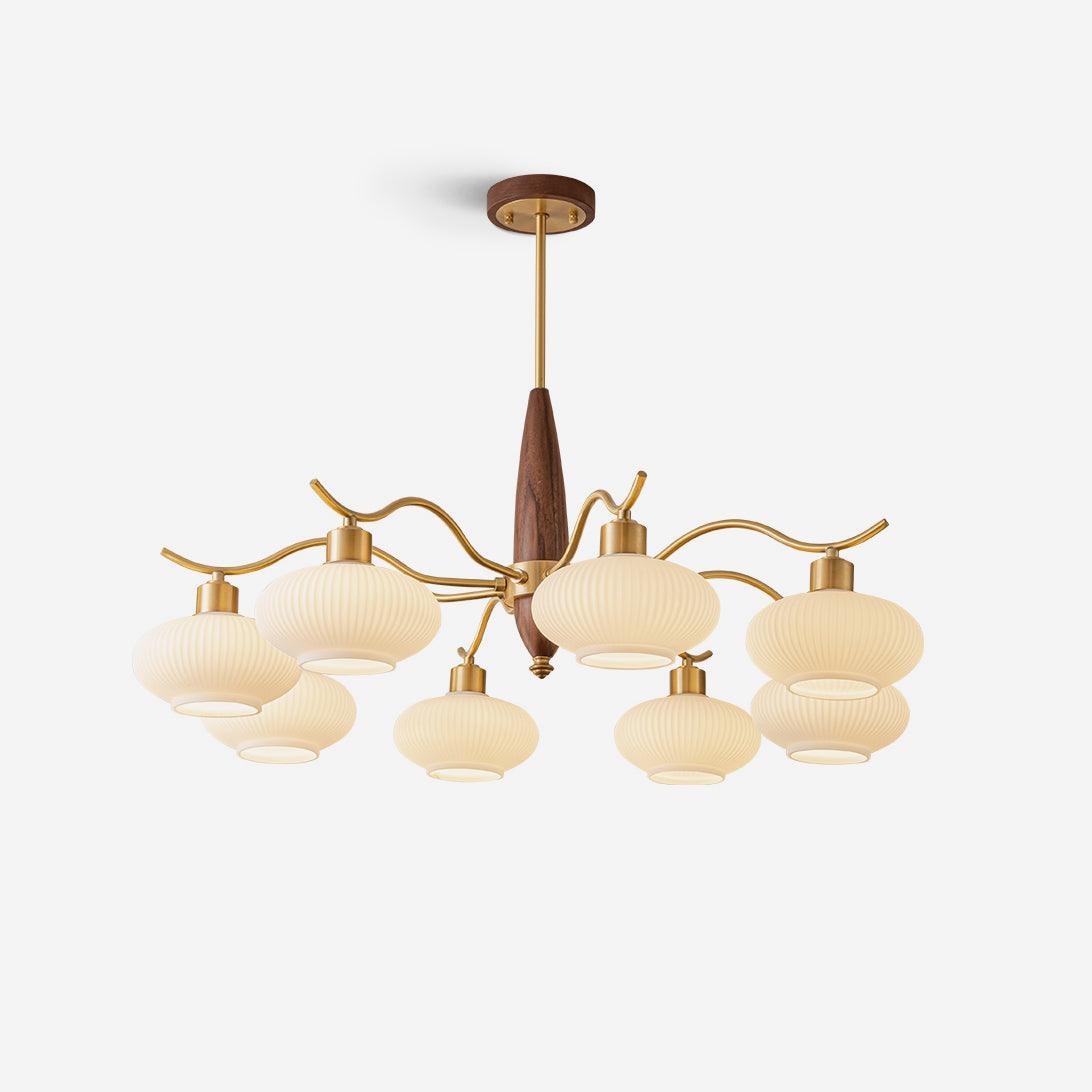 Lámpara de Araña de Cristal y Madera con 5 y 8 Luces, Diseño Clásico en Latón y Vidrio Blanco para Interior 1