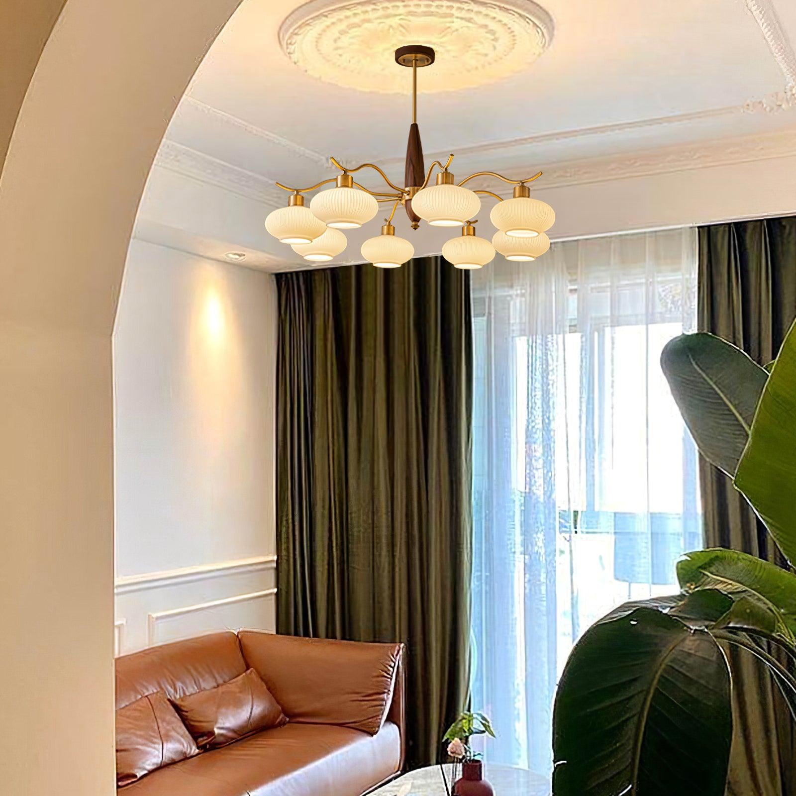 Lámpara de Araña de Cristal y Madera con 5 y 8 Luces, Diseño Clásico en Latón y Vidrio Blanco para Interior 3