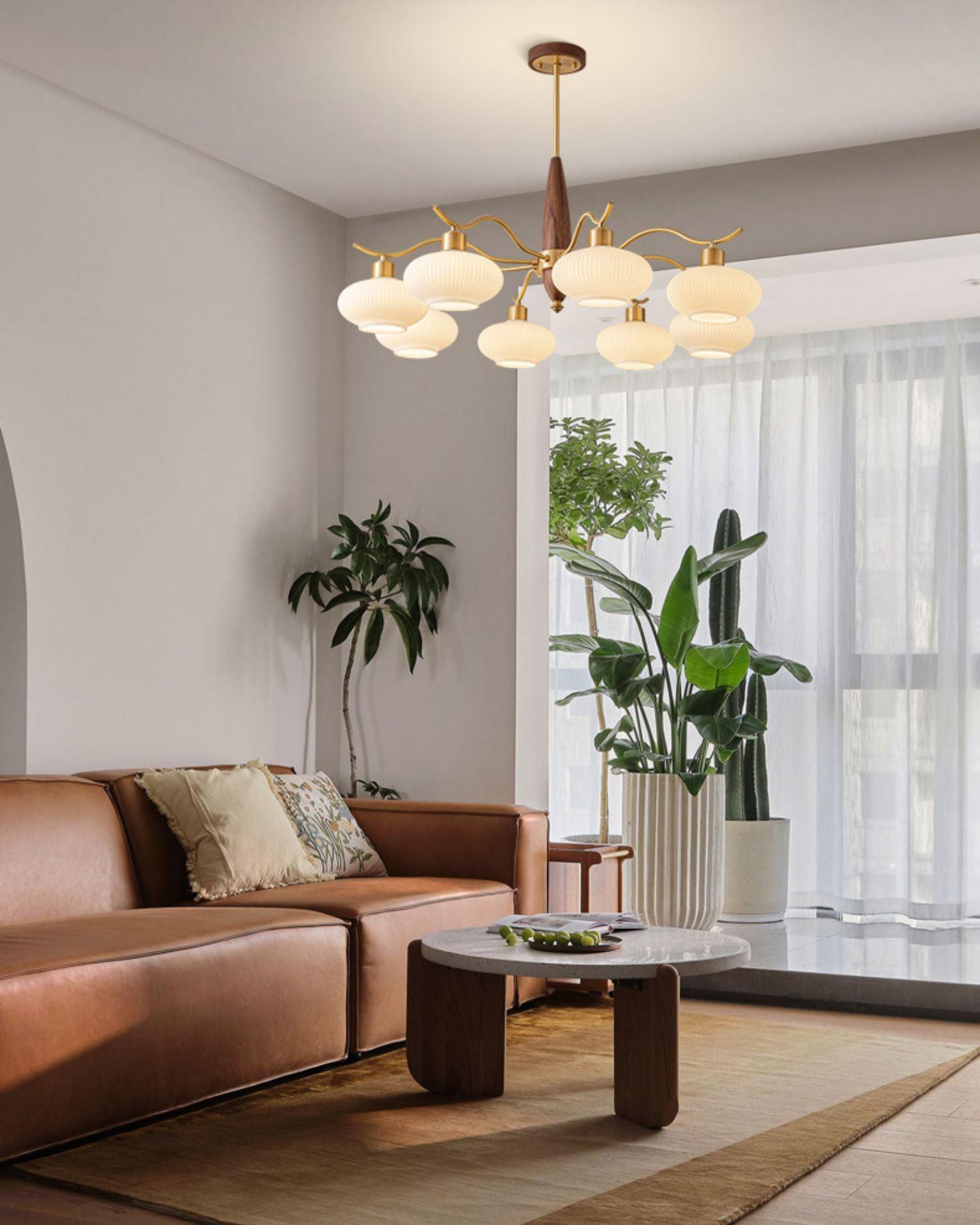 Lámpara de Araña de Cristal y Madera con 5 y 8 Luces, Diseño Clásico en Latón y Vidrio Blanco para Interior 4