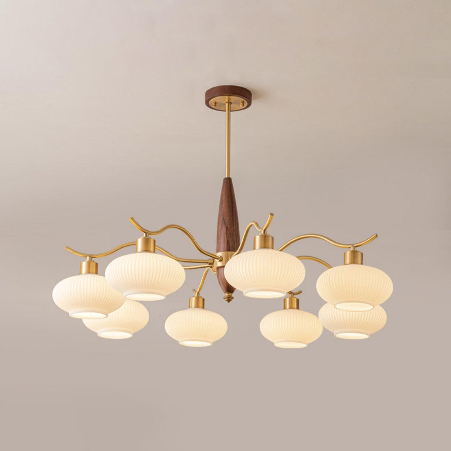 Lámpara de Araña de Cristal y Madera con 5 y 8 Luces, Diseño Clásico en Latón y Vidrio Blanco para Interior 8