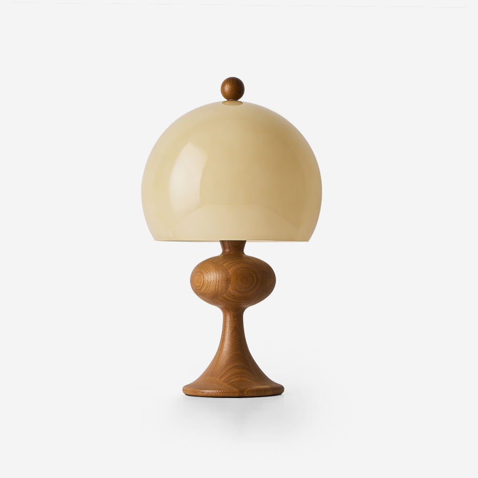 Lámpara de Mesa Escultural con Base de Madera y Pantalla de Vidrio en Beige 1