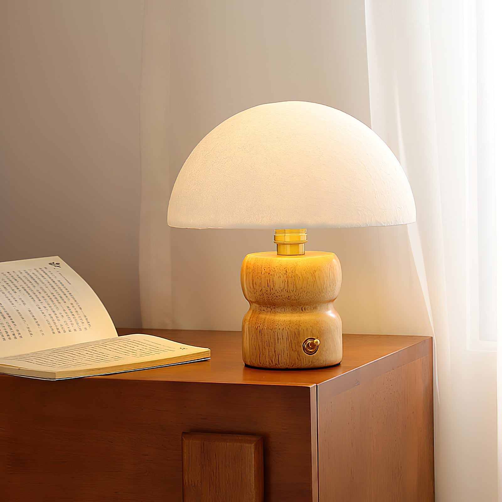 Lámpara de Mesa Moderna Redondeada con Base de Madera en Blanco y Dorado - Ideal para Mesitas de Noche y Decoración Minimalista 8