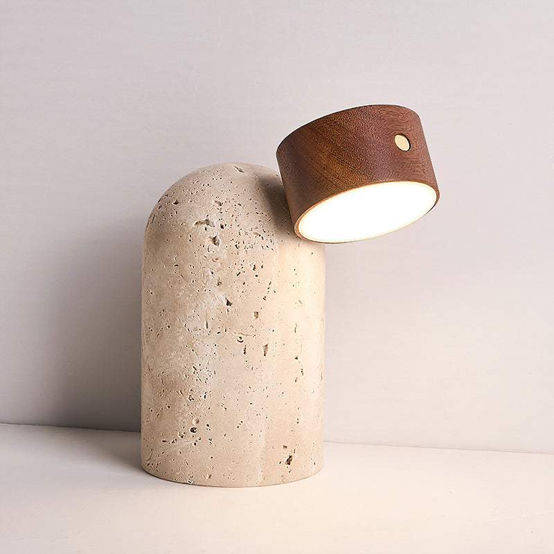 Lámpara de Mesa Moderna con Base de Travertino y Cabeza de Madera Ajustable – Diseño Inalámbrico para Mesita de Noche 0
