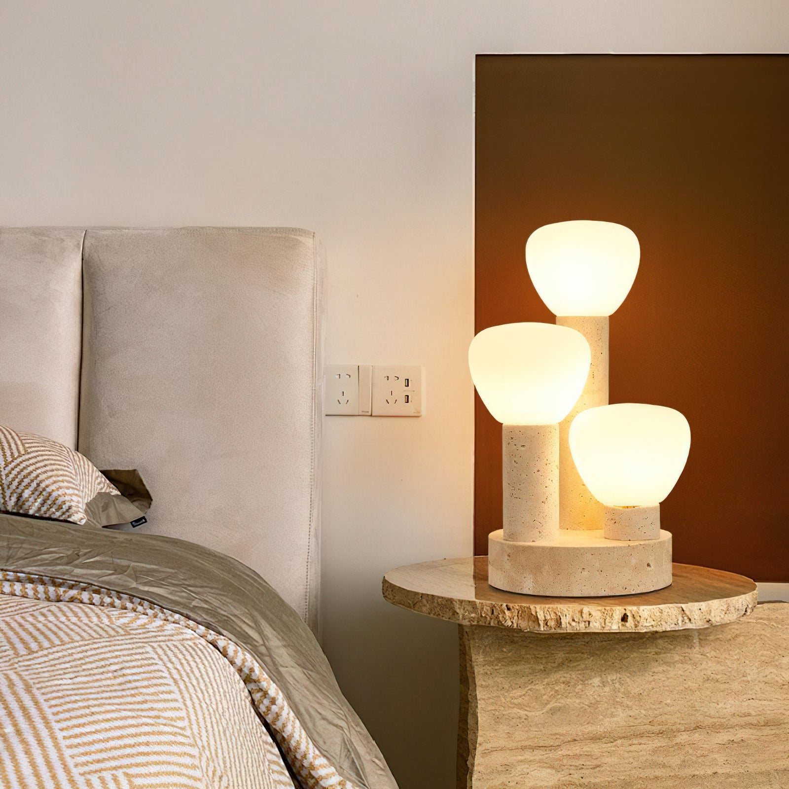 Lámpara de Mesa Moderna con Pantalla de Vidrio y Base de Travertino, 25 cm Diámetro, Beige y Blanco - Ideal para Mesitas de Noche 5