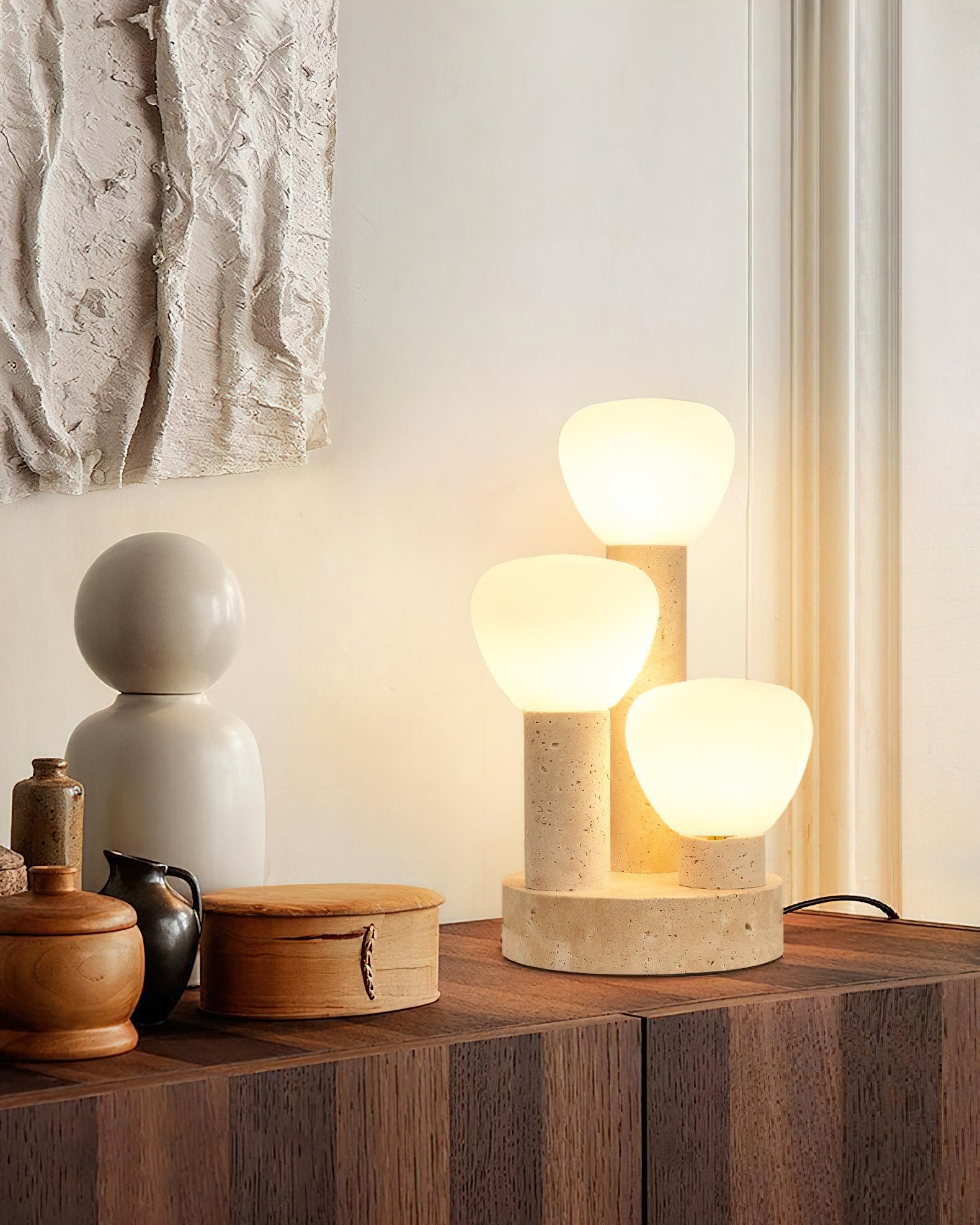 Lámpara de Mesa Moderna con Pantalla de Vidrio y Base de Travertino, 25 cm Diámetro, Beige y Blanco - Ideal para Mesitas de Noche 6