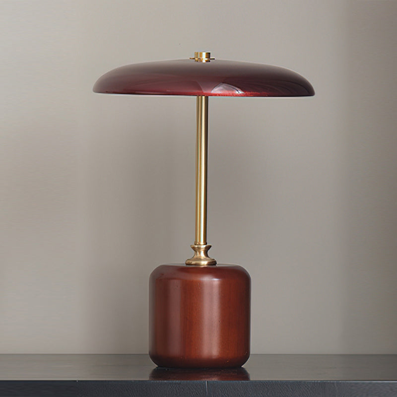 Elino - Lámpara de Mesa Moderna de Brass y Madera con Pantalla Roja y Gris - Iluminación Interior Elegante para Mesita de Noche