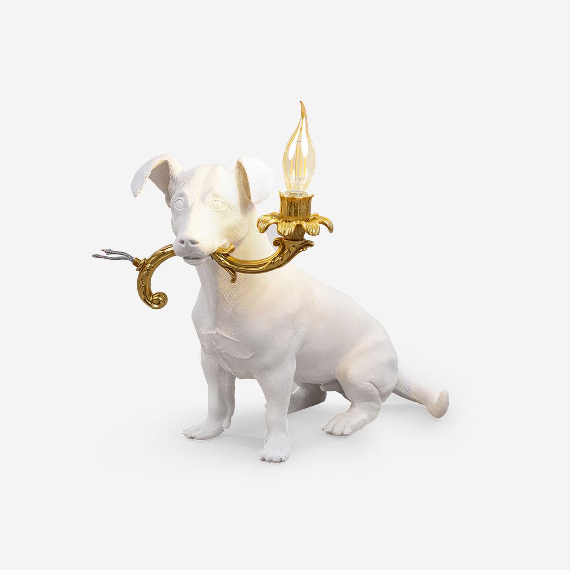 Lámpara de Mesa Rio con Diseño de Perro en Resina y Metal, Color Blanco y Dorado, Ideal para Mesitas de Noche 1