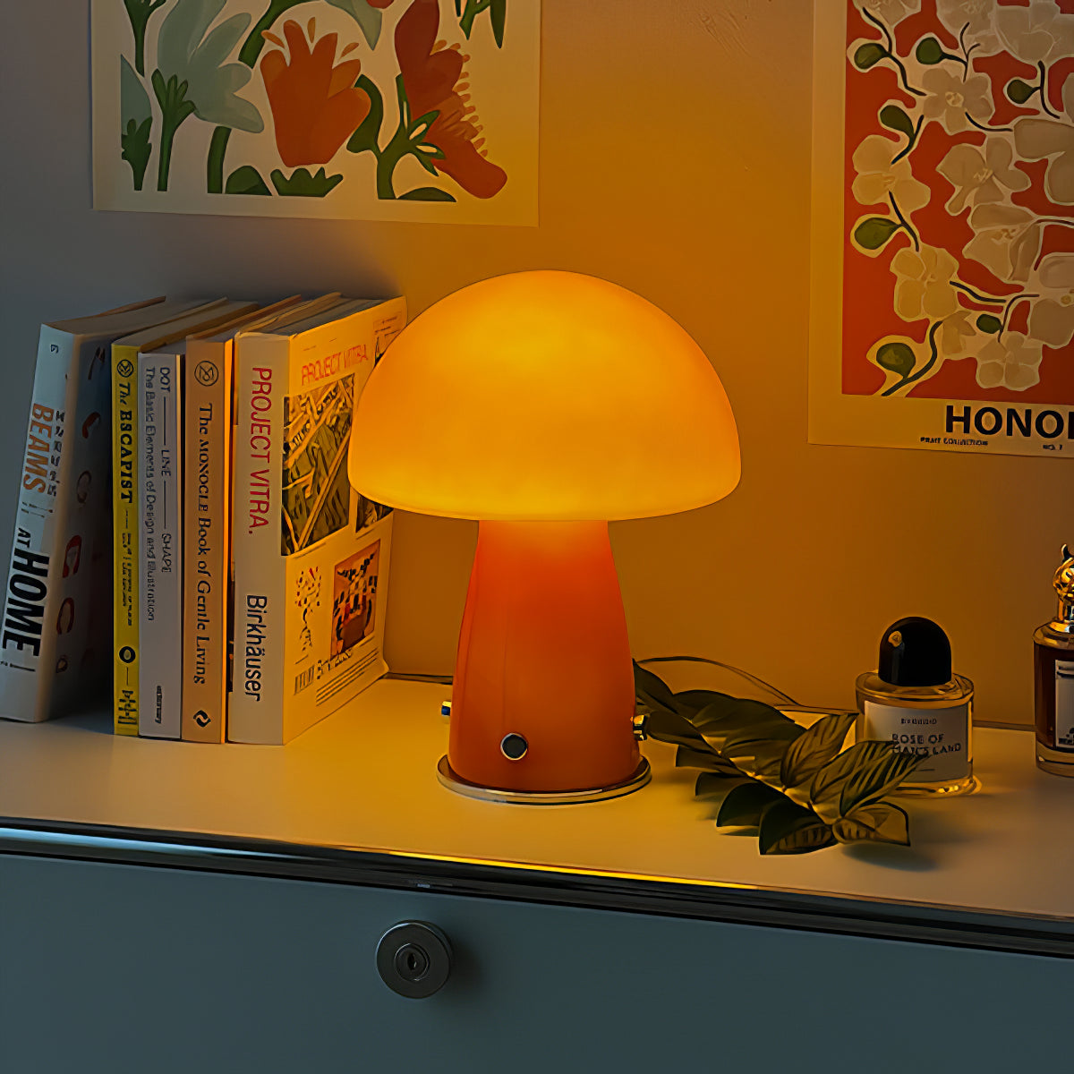 Lámpara de Mesa Tipo Hongo Retro Naranja y Blanco, Diseño Moderno para Escritorios y Mesitas de Noche 2