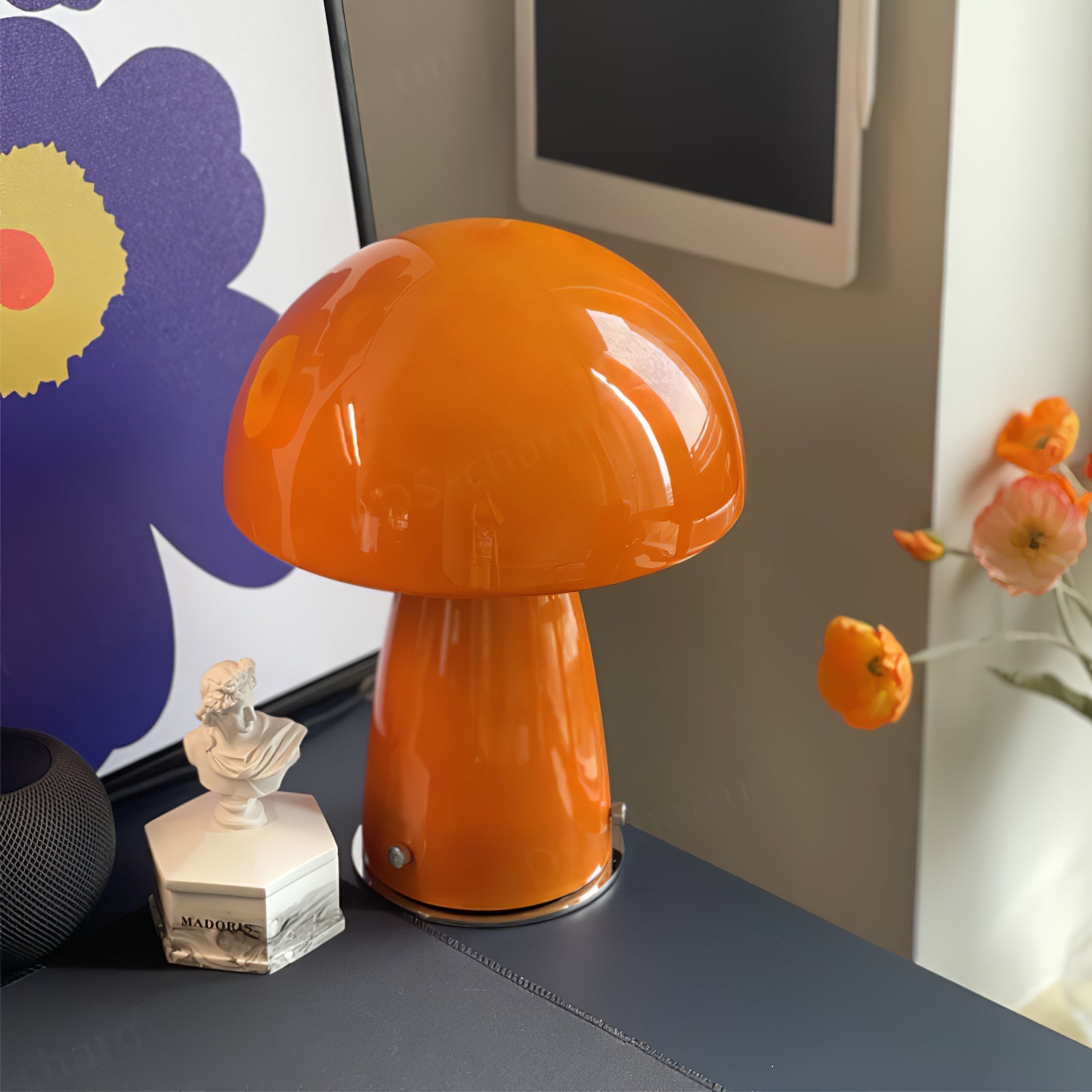 Lámpara de Mesa Tipo Hongo Retro Naranja y Blanco, Diseño Moderno para Escritorios y Mesitas de Noche 3