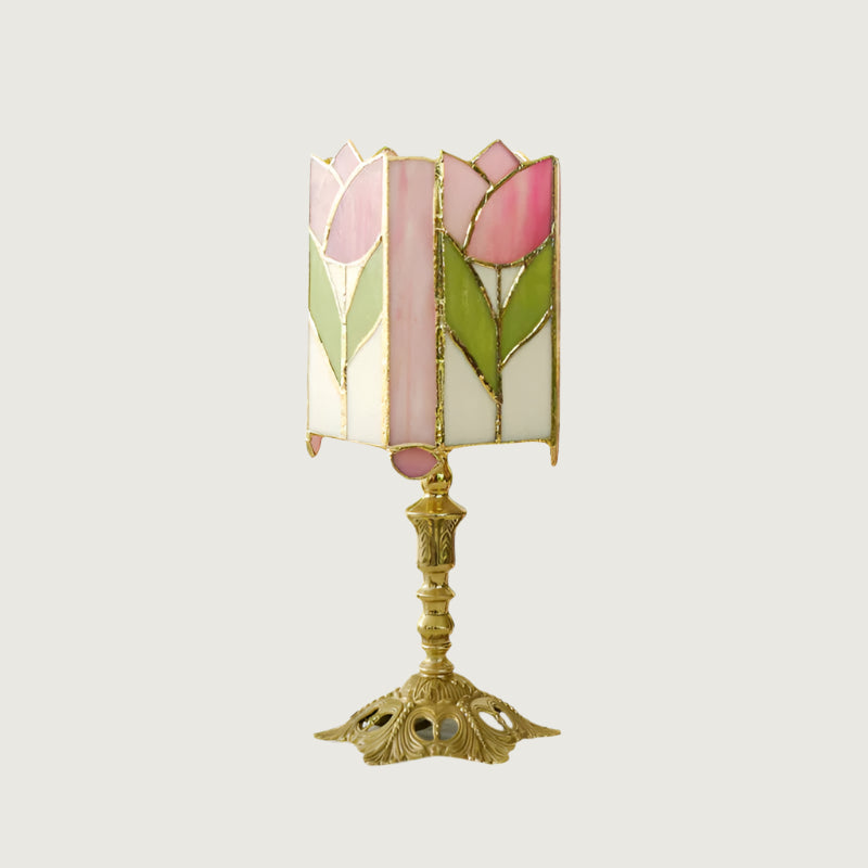 Lámpara de Mesa Tulip Tiffany en Vidrio Rosa y Verde, Diseño Floral Vintage, Base de Latón, Compatible con LED E26/E27 0