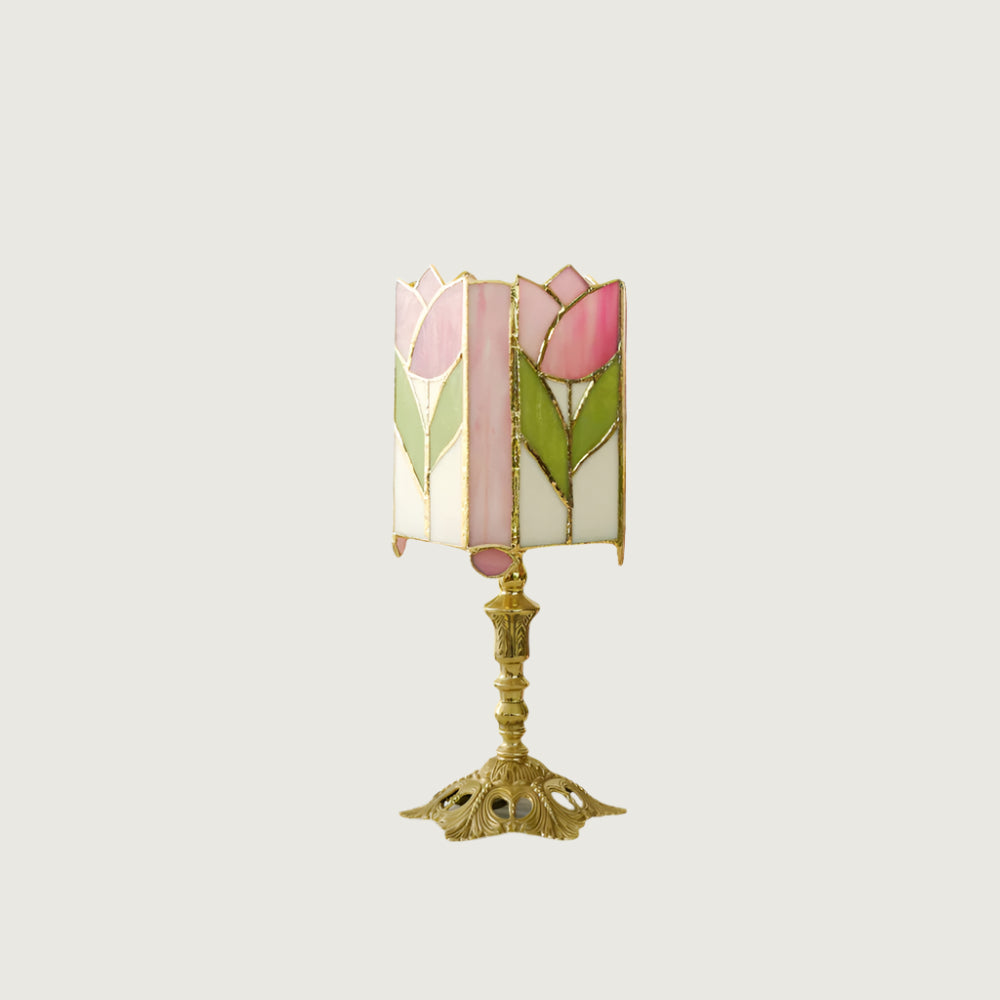 Lámpara de Mesa Tulip Tiffany en Vidrio Rosa y Verde, Diseño Floral Vintage, Base de Latón, Compatible con LED E26/E27 1