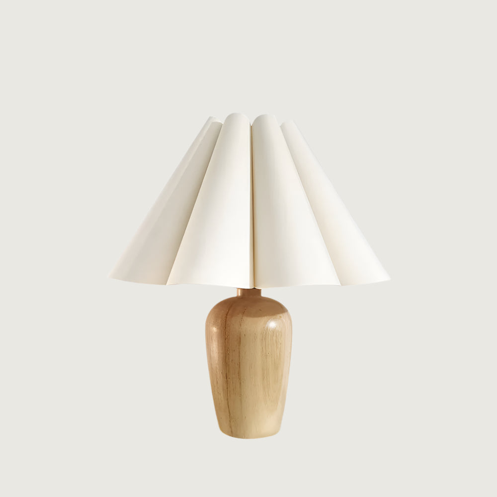 Lámpara de Mesa Vintage Beige con Pantalla Acanalada y Base de Madera 0