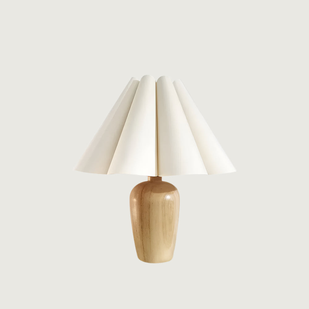 Lámpara de Mesa Vintage Beige con Pantalla Acanalada y Base de Madera 1