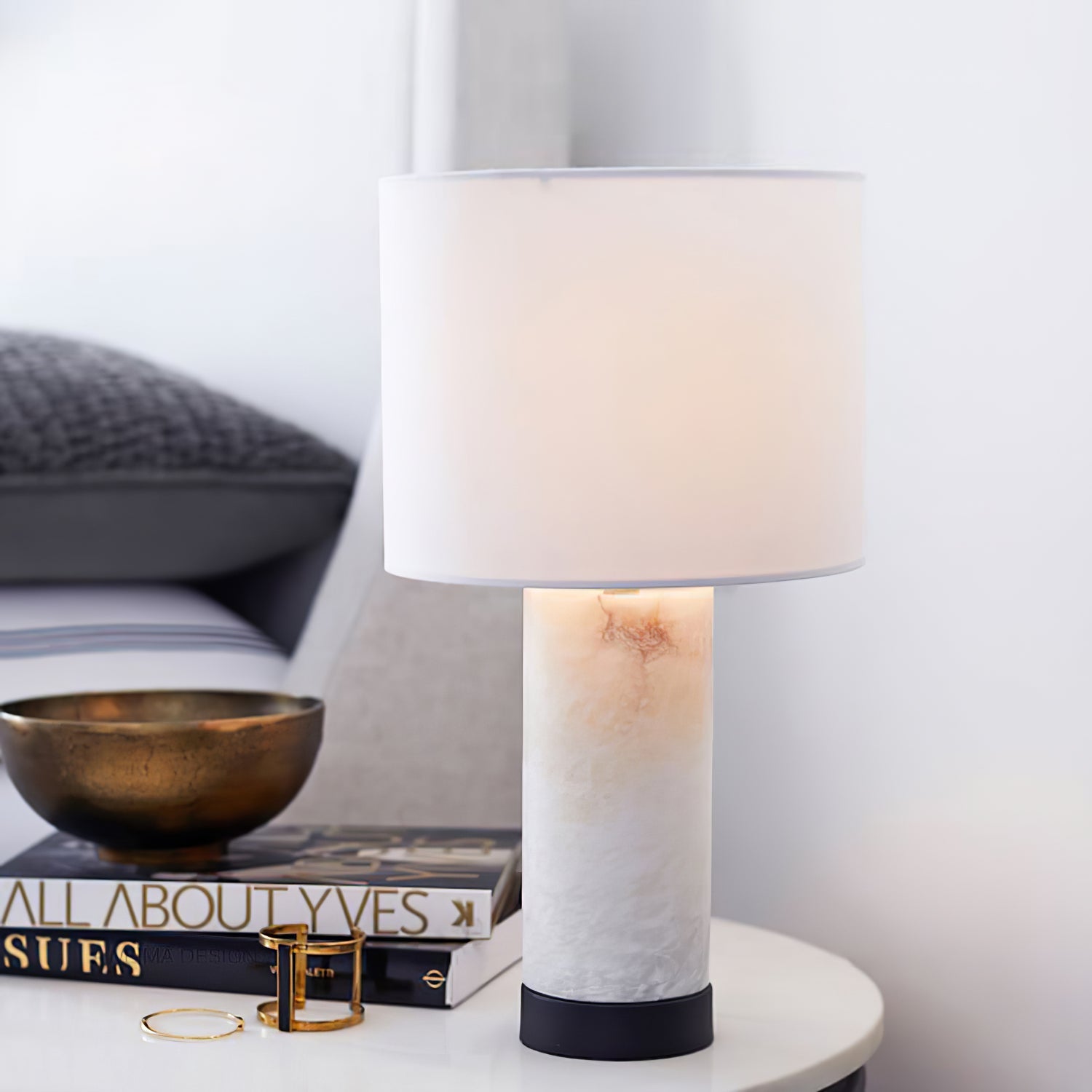Lámpara de Mesa de Mármol Blanco con Pantalla de Lino, Elegante Lámpara Sobremesa para Decoración y Iluminación Interior 2