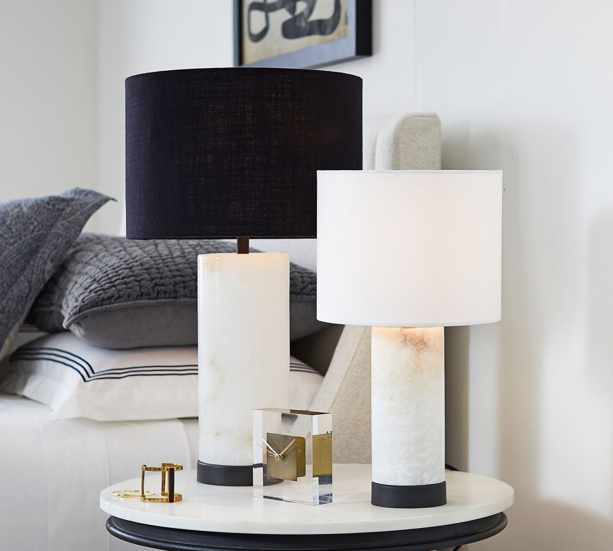 Lámpara de Mesa de Mármol Blanco con Pantalla de Lino, Elegante Lámpara Sobremesa para Decoración y Iluminación Interior 6