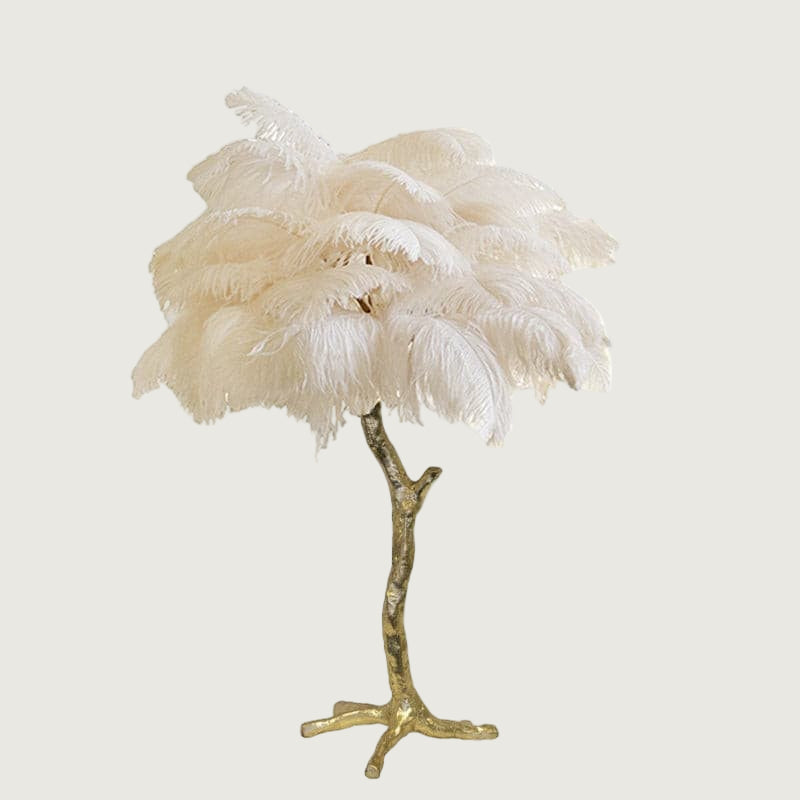Lámpara de Mesa de Plumas de Avestruz con Base de Latón – Decoración Elegante para el Hogar 0