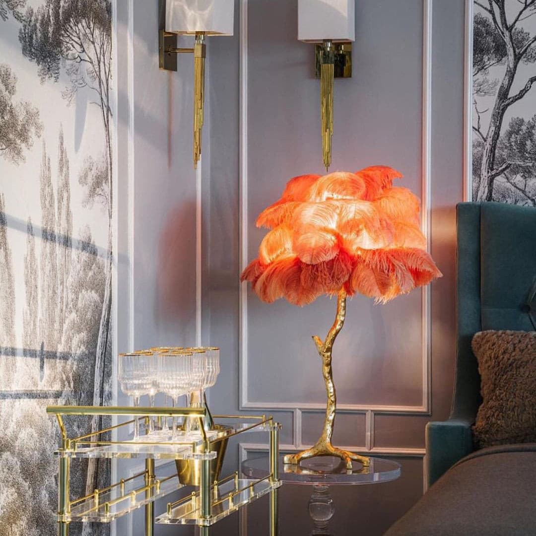 Lámpara de Mesa de Plumas de Avestruz con Base de Latón – Decoración Elegante para el Hogar 6