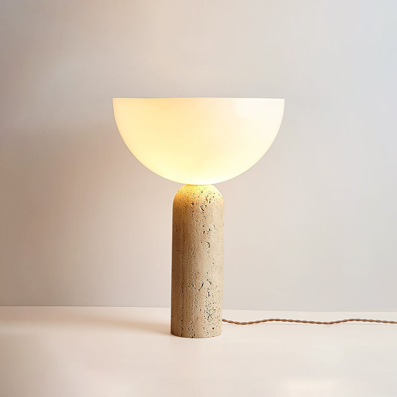 Lámpara de Mesa de Travertino con Base Cilíndrica y Pantalla de Vidrio Blanco – Estilo Moderno para Iluminación Interior 2