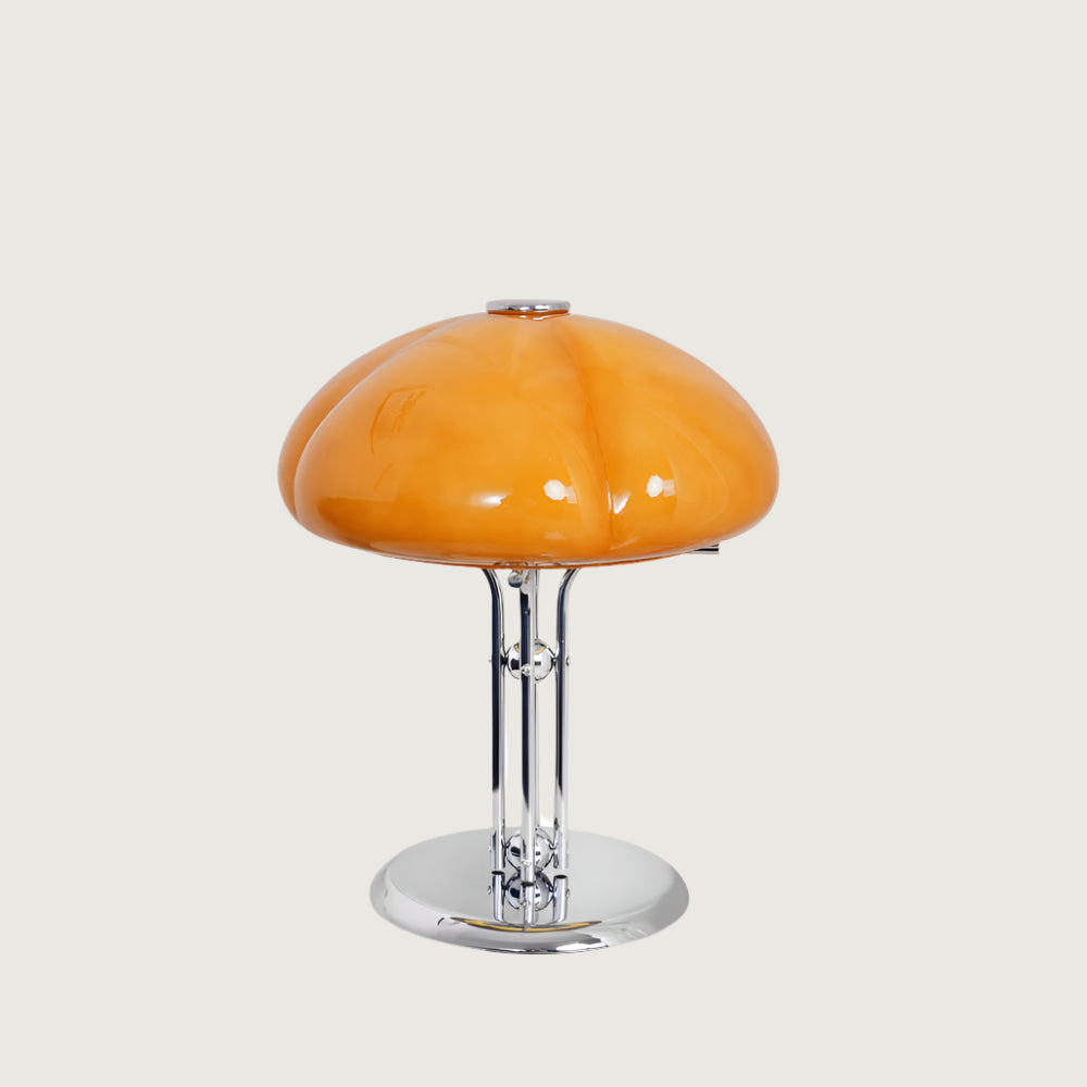 Lámpara de Mesa de Vidrio Naranja con Base de Cromo – Diseño Curvado y Estilo Retro 0